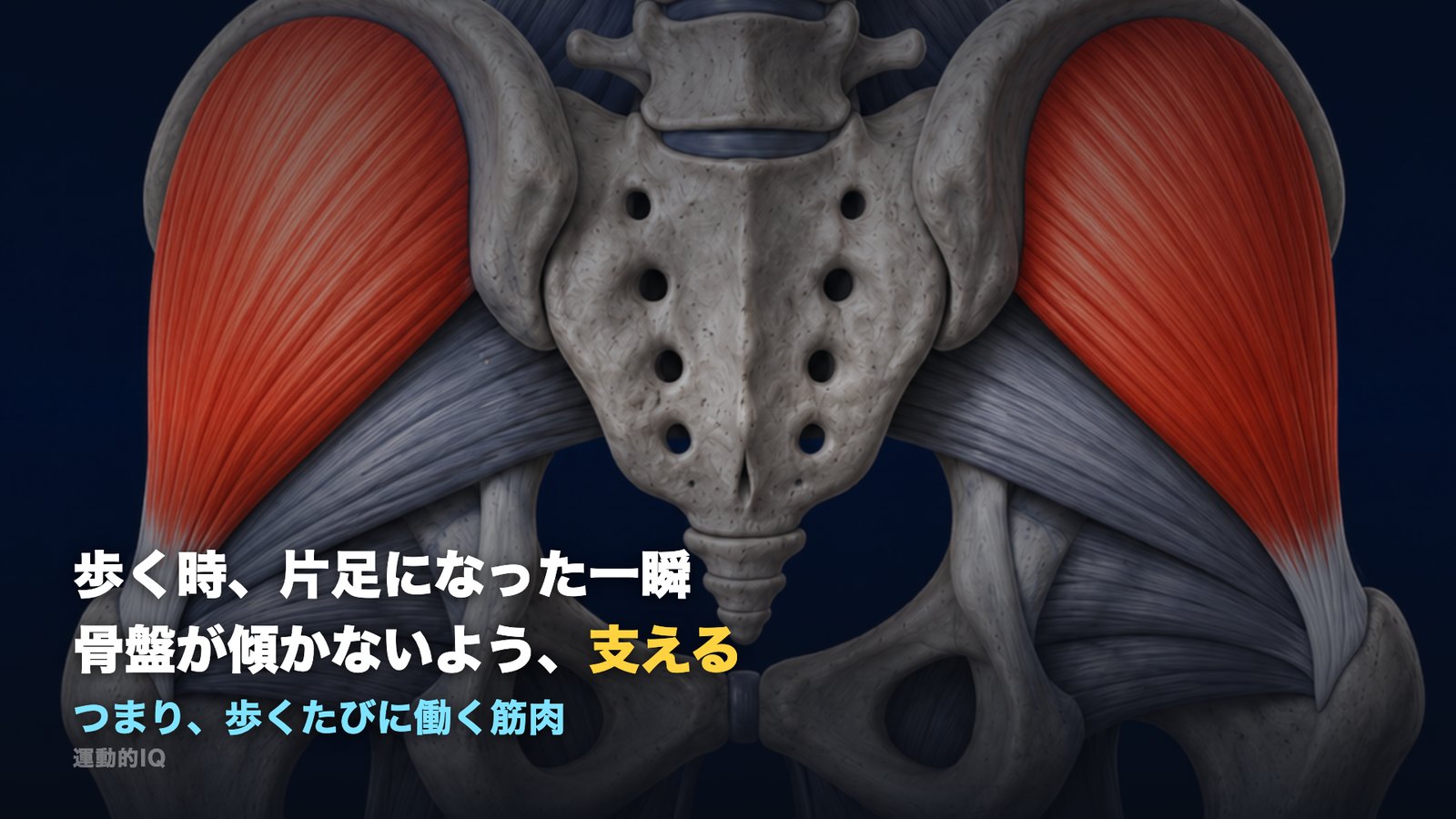 歩くとき片足になった一瞬に骨盤が傾かないよう支える中臀筋の図