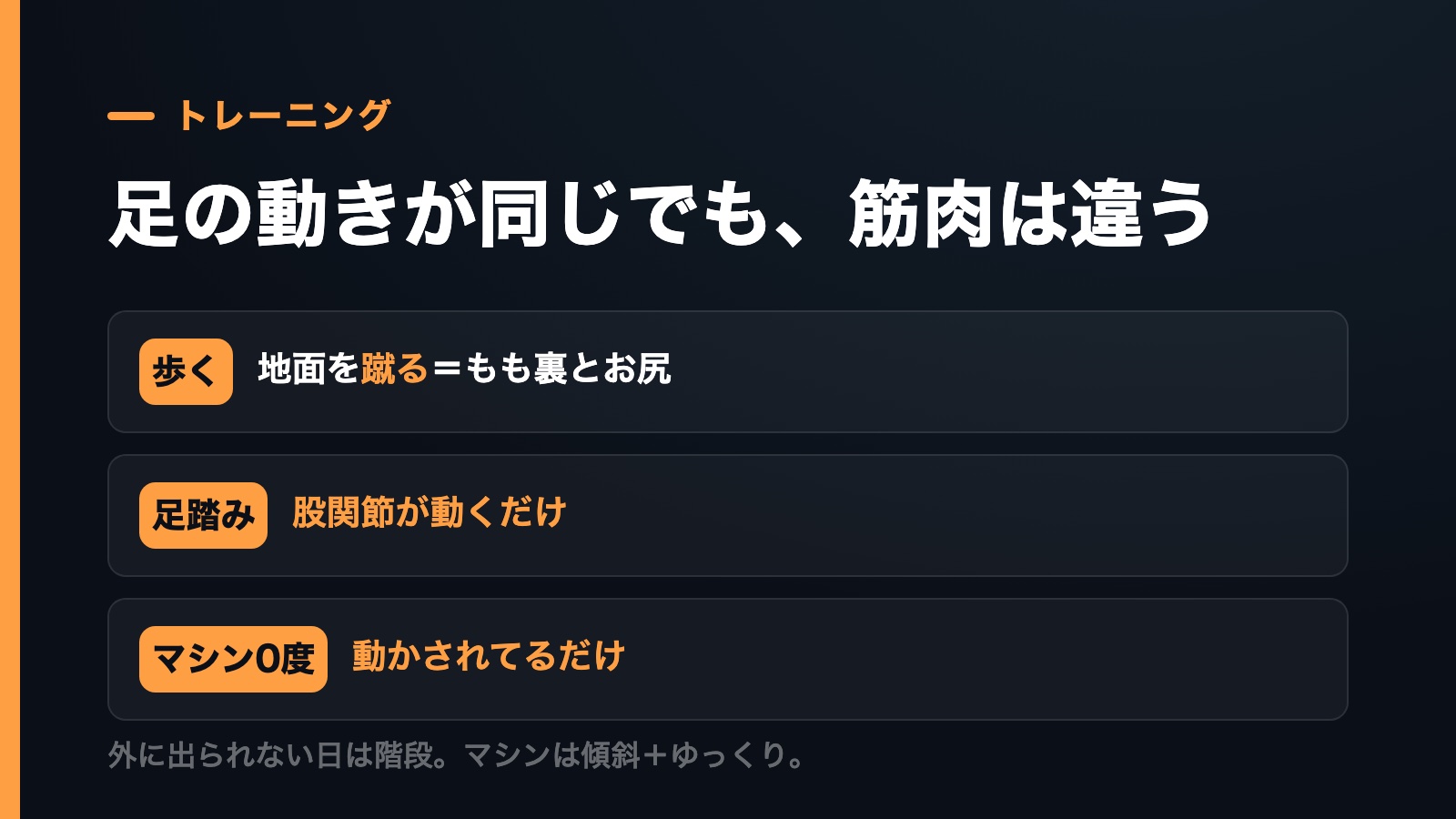 歩くと足踏みの違い。歩くは地面を蹴るからもも裏とお尻、足踏みは股関節が動くだけ、ランニングマシン0度はベルトに動かされているだけ