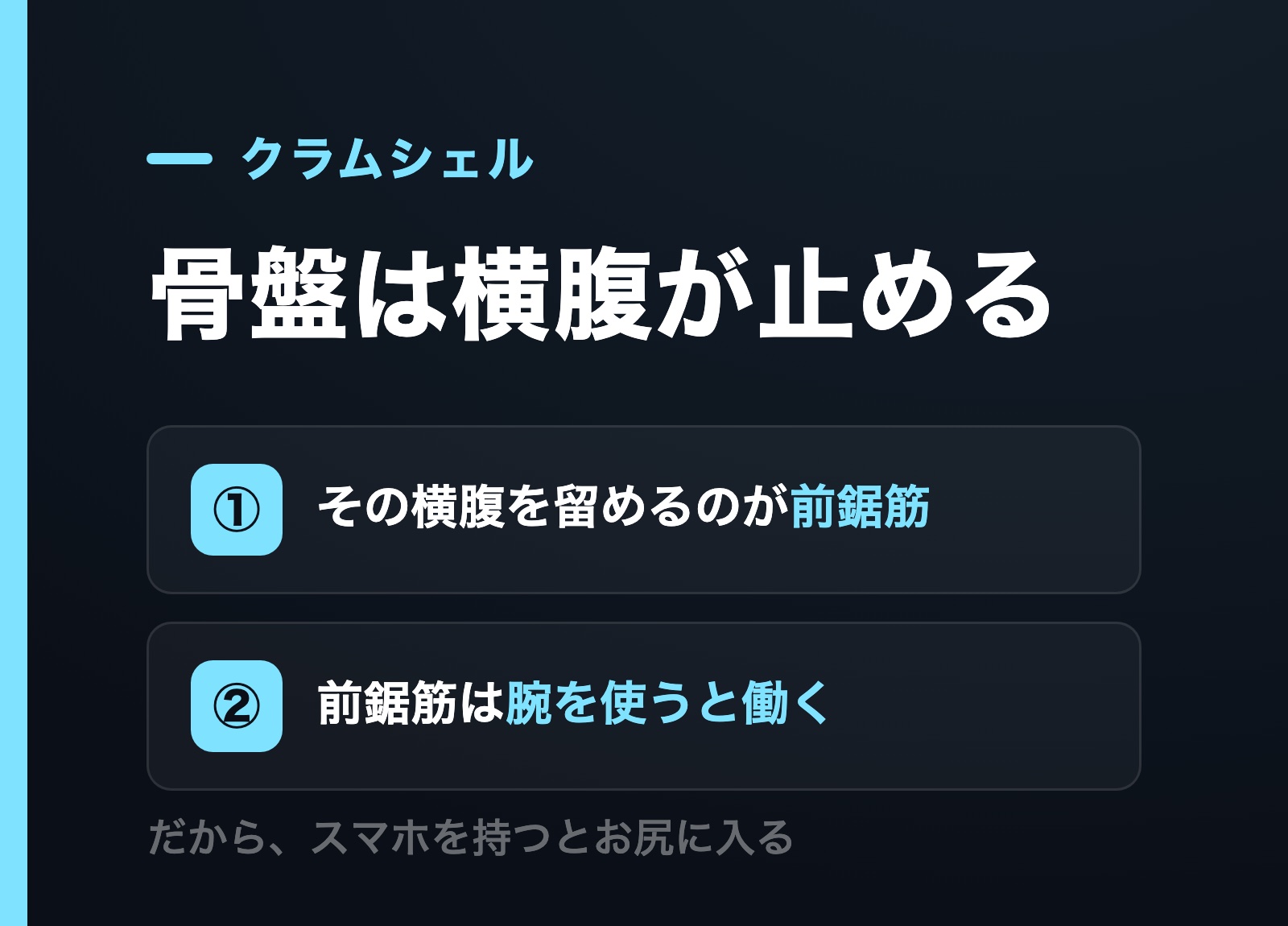クラムシェルでお尻に効かない人向けに骨盤を止めているのは横腹でその横腹を留めるのが前鋸筋だと示す図