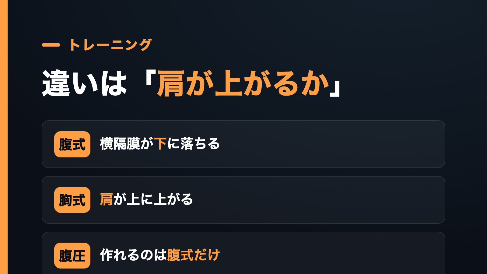腹式呼吸と胸式呼吸の違い。腹式は横隔膜が下に落ちる、胸式は肩が上に上がる、腹圧を作れるのは腹式だけ