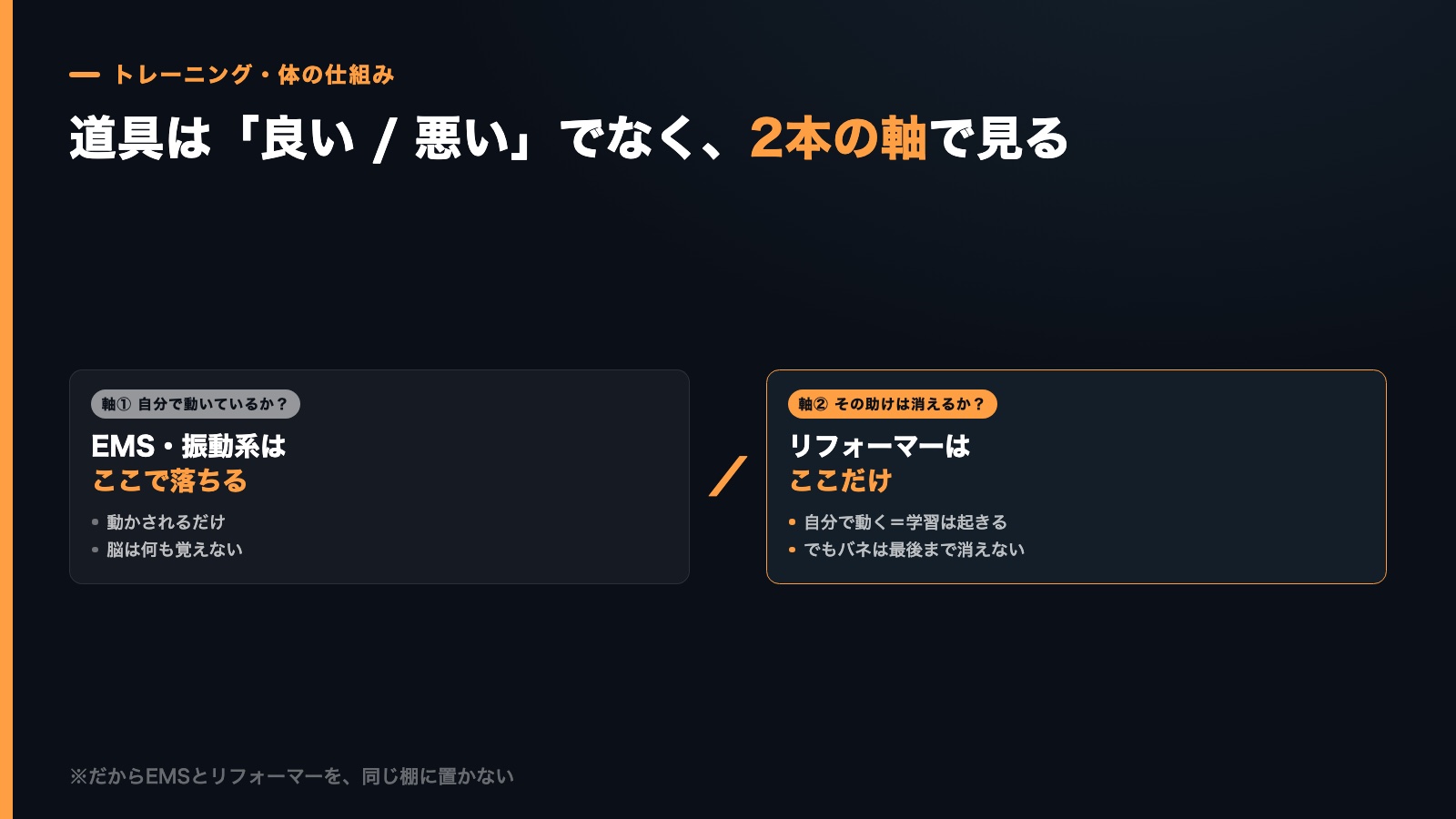 道具を判定する2本の軸。軸①でEMS・振動系が落ち、リフォーマーは軸②だけに引っかかることを示す図