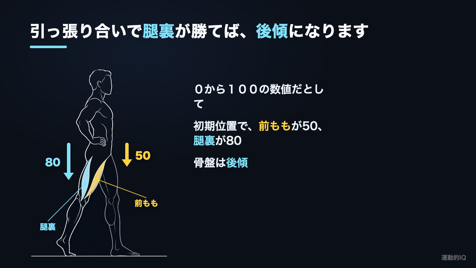 ランジスクワットの初期位置で前もも50・腿裏80の図