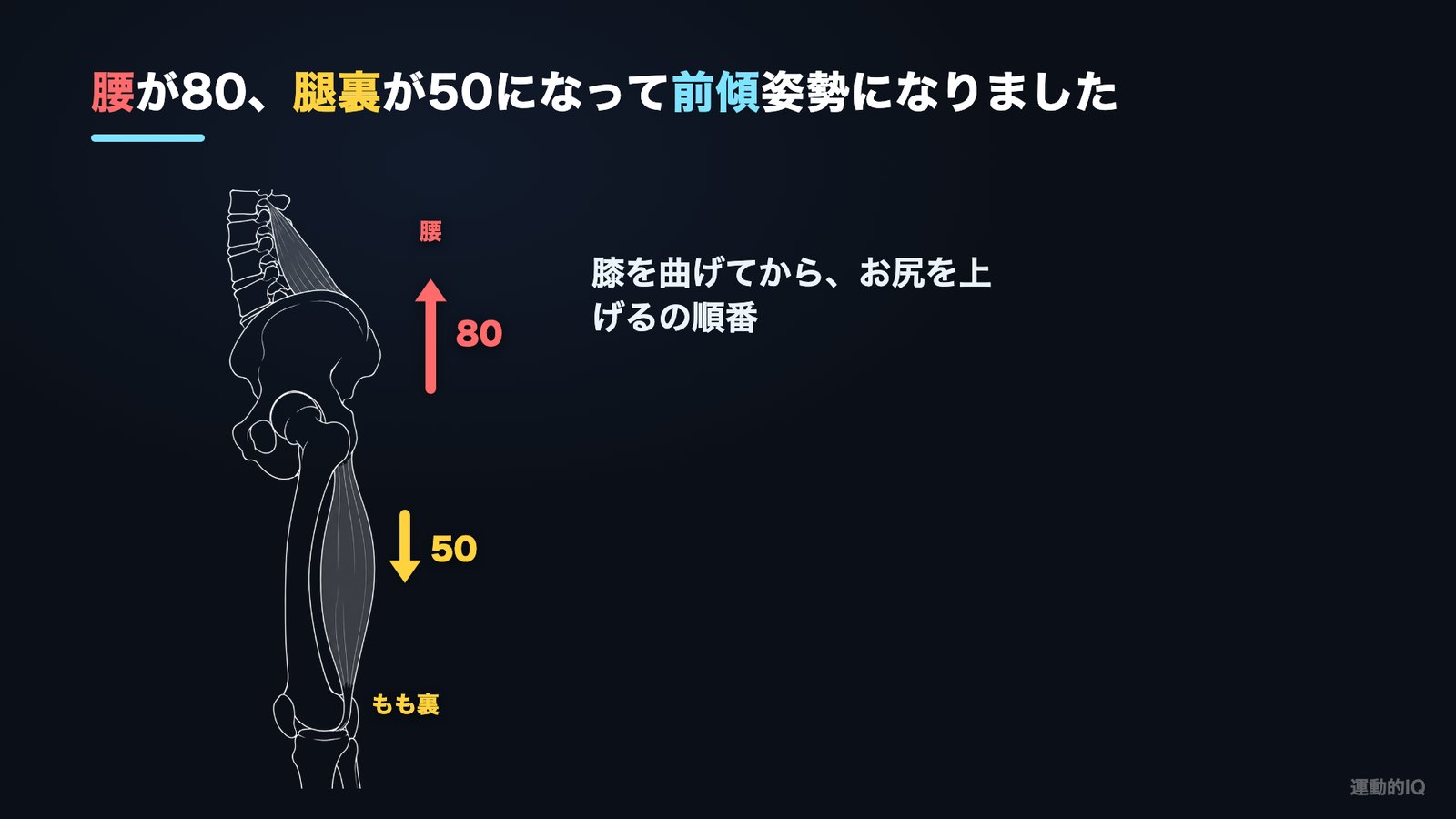 スクワットのスタートポジション 腰80 もも裏50で骨盤が前傾した状態の図