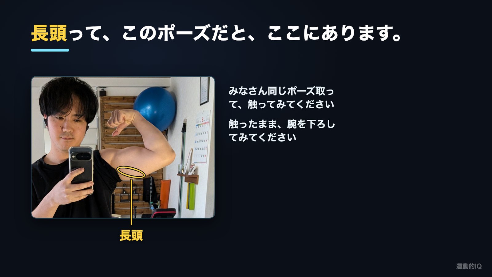 二の腕の内側を触って長頭の位置を確かめる写真